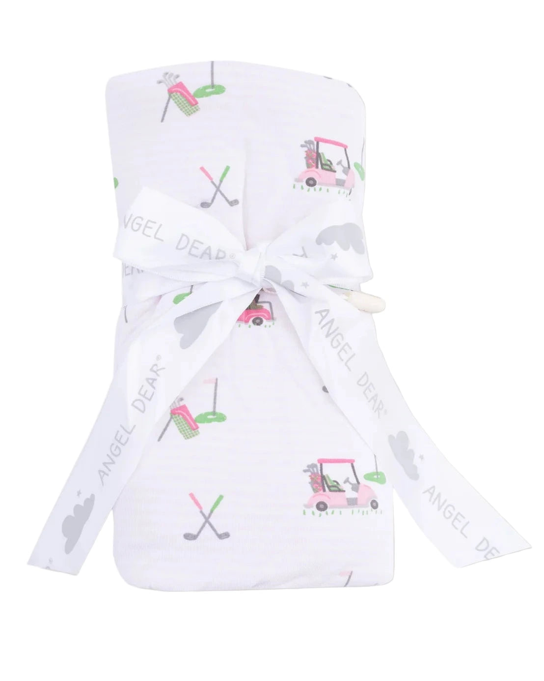 The Baby Golf Carts Ruffle Blanket by Angel Dear features golf-themed prints and a soft bamboo fabric, folded and tied with a white "Angel Dear" ribbon—perfect for snuggles or gifting to any little one.