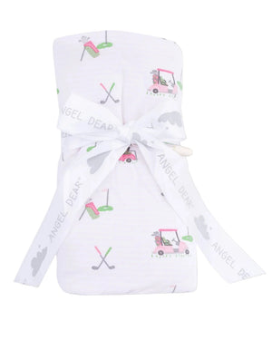 The Baby Golf Carts Ruffle Blanket by Angel Dear features golf-themed prints and a soft bamboo fabric, folded and tied with a white "Angel Dear" ribbon—perfect for snuggles or gifting to any little one.