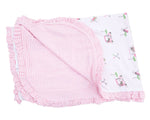 The Angel Dear Baby Golf Carts Ruffle Blanket is soft with ruffled edges; one side has playful golf cart prints, while the reverse features a charming coordinating design.
