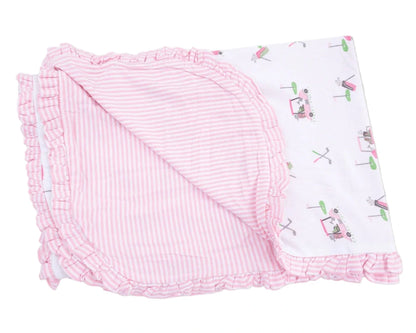 The Angel Dear Baby Golf Carts Ruffle Blanket is soft with ruffled edges; one side has playful golf cart prints, while the reverse features a charming coordinating design.