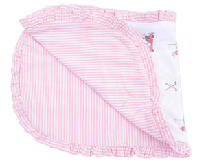 The Angel Dear Baby Golf Carts Ruffle Burp Cloth features playful designs and ruffled edges—perfect for pairing with a cozy baby blanket to ensure your little one’s comfort.