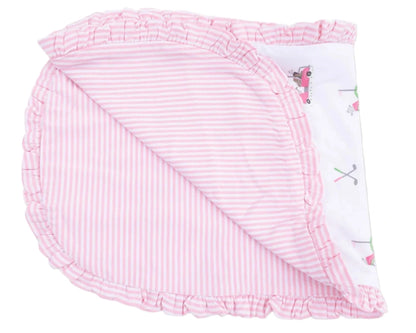 The Angel Dear Baby Golf Carts Ruffle Burp Cloth features playful designs and ruffled edges—perfect for pairing with a cozy baby blanket to ensure your little one’s comfort.