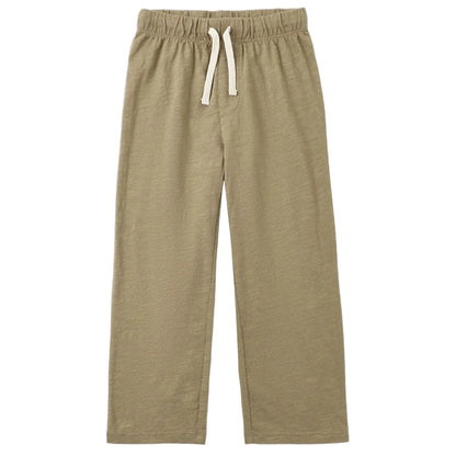 The Boys’ Rory Pant by Rylee & Cru is a light brown cotton knit pant with a relaxed fit, featuring an elastic waistband and an adjustable white drawstring, shown laid flat on a white background.