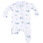 The Angel Dear Baby Boys' Golf Carts Polo 2-Way Zipper Footie is a white, long-sleeve sleeper with a golf cart print and collar, offering sporty style and cozy comfort.