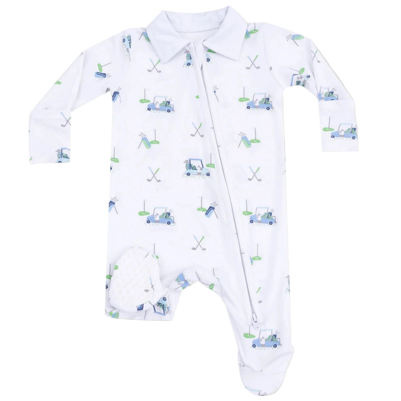 The Angel Dear Baby Boys' Golf Carts Polo 2-Way Zipper Footie is a white, long-sleeve sleeper with a golf cart print and collar, offering sporty style and cozy comfort.