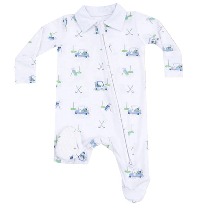 The Angel Dear Baby Boys' Golf Carts Polo 2-Way Zipper Footie is a white, long-sleeve sleeper with a golf cart print and collar, offering sporty style and cozy comfort.