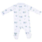 The Angel Dear Baby Boys' Golf Carts Polo 2-Way Zipper Footie features a golf-themed print with carts, clubs, and flags on white bamboo fabric, shown flat with the back side up.