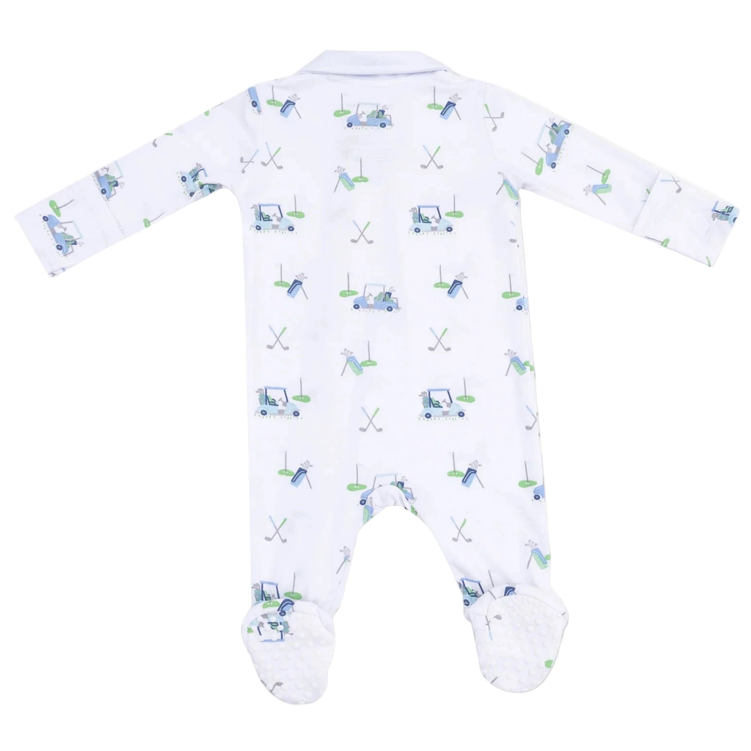The Angel Dear Baby Boys' Golf Carts Polo 2-Way Zipper Footie features a golf-themed print with carts, clubs, and flags on white bamboo fabric, shown flat with the back side up.