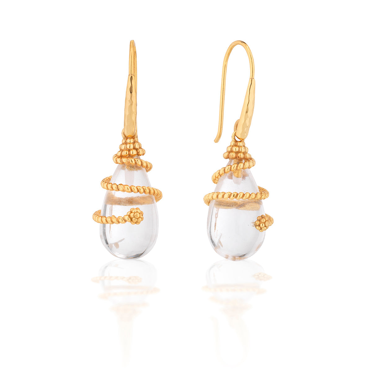 The Lily Drop Earrings by Juliska Capucine De Wulf feature clear teardrop stones wrapped in textured gold thread, shown against a white background.