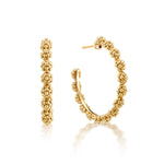 The Berry Icon Medium Hoop Earrings by Juliska Capucine De Wulf feature a golden, berries-inspired beaded texture and are shown from front and side views against a white background.