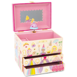 The Floss and Rock Musical Jewelry Box - Princess features a vibrant design adorned with princess and accessory illustrations. With its mirrored lid open, it reveals a charming princess ballerina figurine that gracefully twirls to the classic carousel waltz as music plays. The jewelry box also includes two open drawers for storing treasured items.