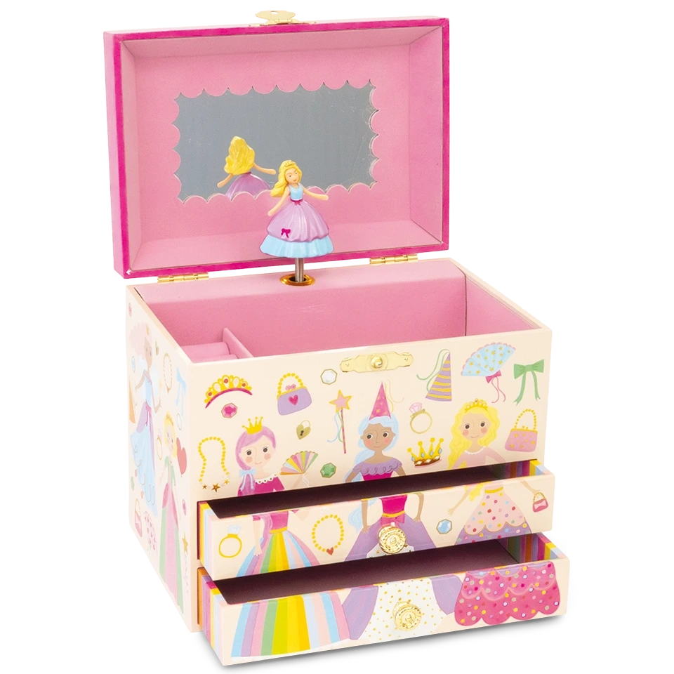 The Floss and Rock Musical Jewelry Box - Princess features a vibrant design adorned with princess and accessory illustrations. With its mirrored lid open, it reveals a charming princess ballerina figurine that gracefully twirls to the classic carousel waltz as music plays. The jewelry box also includes two open drawers for storing treasured items.