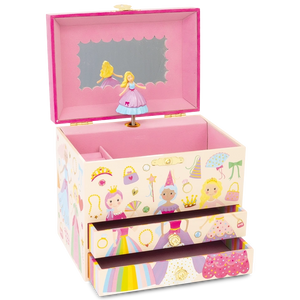 The Floss and Rock Musical Jewelry Box - Princess features a vibrant design adorned with princess and accessory illustrations. With its mirrored lid open, it reveals a charming princess ballerina figurine that gracefully twirls to the classic carousel waltz as music plays. The jewelry box also includes two open drawers for storing treasured items.
