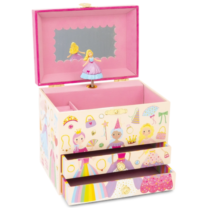 The Floss and Rock Musical Jewelry Box - Princess features a vibrant design adorned with princess and accessory illustrations. With its mirrored lid open, it reveals a charming princess ballerina figurine that gracefully twirls to the classic carousel waltz as music plays. The jewelry box also includes two open drawers for storing treasured items.