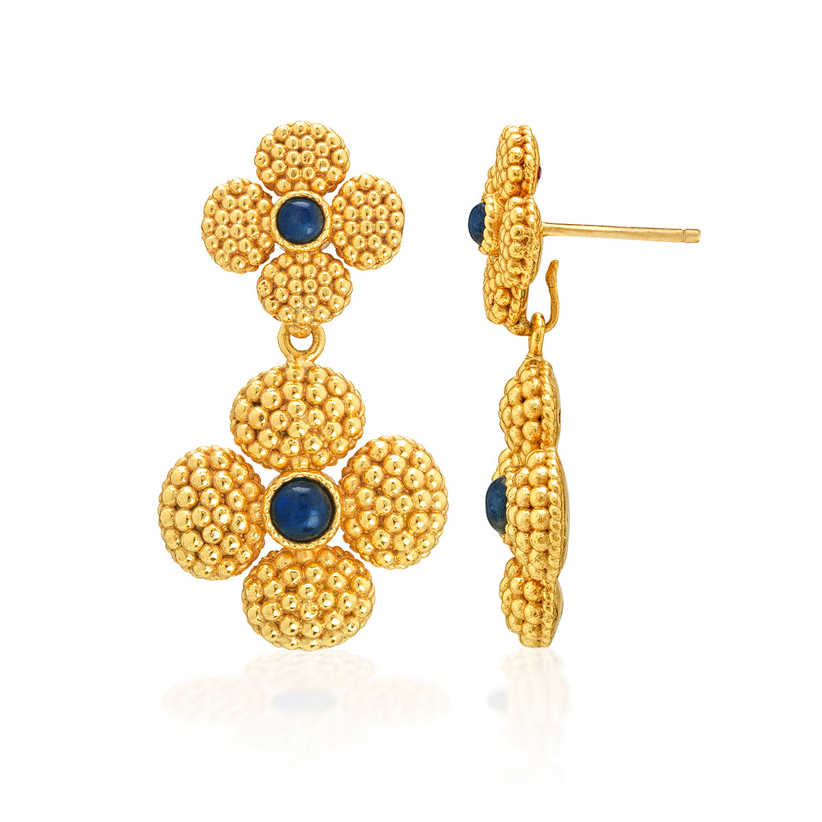 The Juliska Capucine De Wulf Berry Clover Convertible Duo Earrings feature textured golden florals with blue gemstone centers, shown in both front and side views.