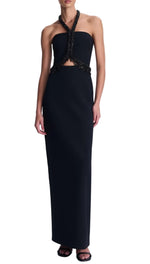 Simkhai Zoriel Gown: a black floor-length strapless column gown featuring an embellished halter neckline and waist cutout.