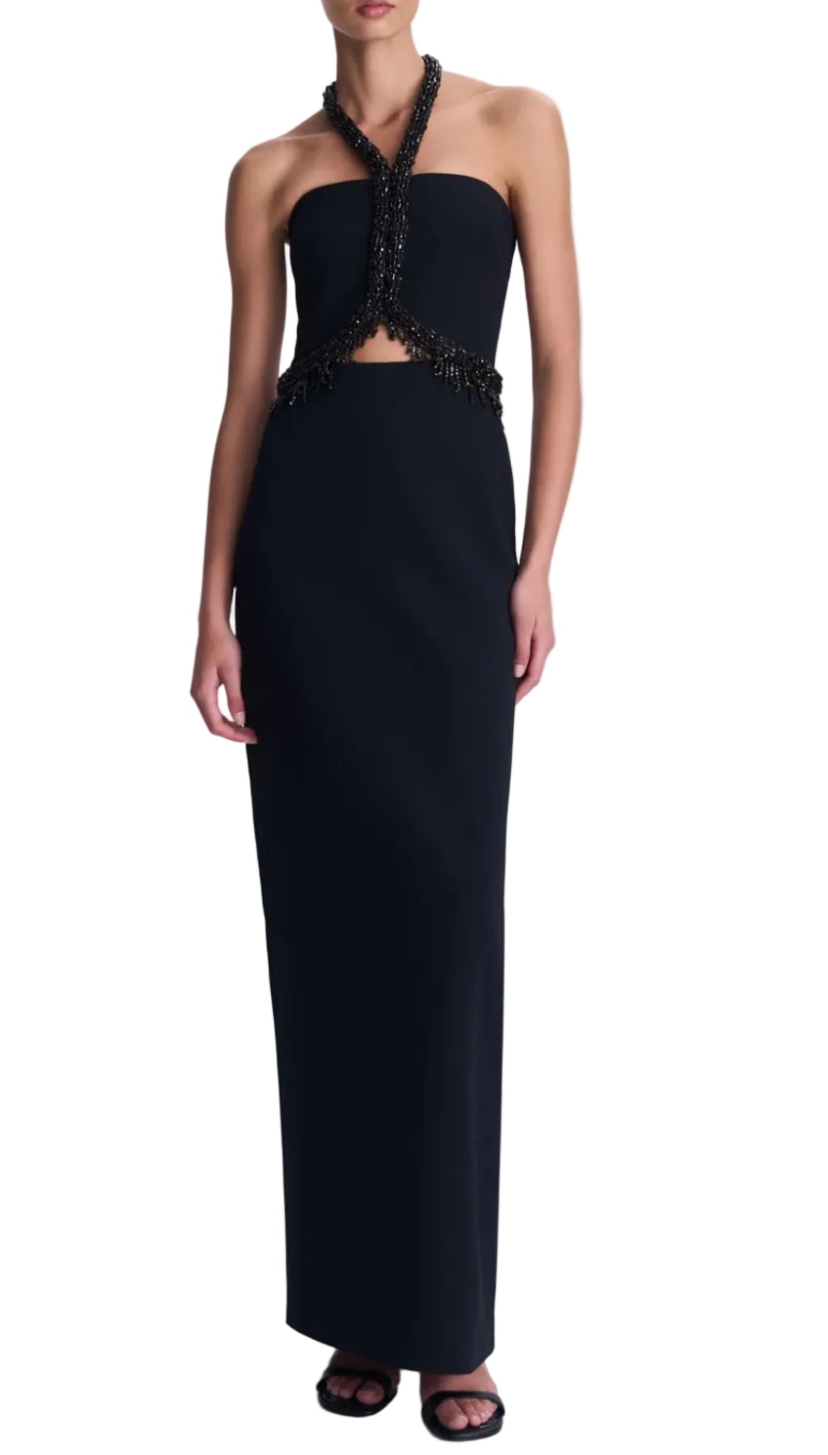 Simkhai Zoriel Gown: a black floor-length strapless column gown featuring an embellished halter neckline and waist cutout.