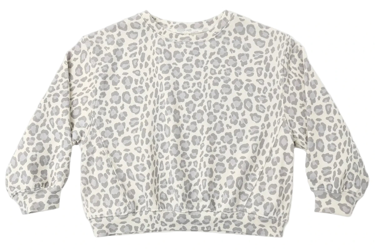 Rylee & Cru Baby Girls’ and Girls’ Oversized Sweatshirt in a light gray and white leopard print is shown laid flat on a white background.