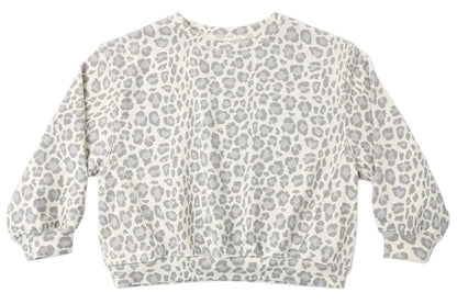 Rylee & Cru Baby Girls’ and Girls’ Oversized Sweatshirt in a light gray and white leopard print is shown laid flat on a white background.
