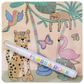 The Jungle Water Pen & Cards by Floss and Rock features a vibrant illustration with a jaguar, flamingo, sloth, parrot, butterfly, and lush tropical plants—making it the ideal travel toy to pair with reusable cards or color-changing water cards.