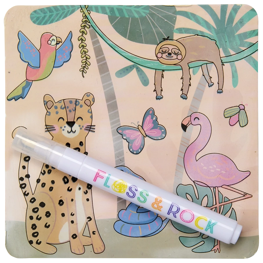 The Jungle Water Pen & Cards by Floss and Rock features a vibrant illustration with a jaguar, flamingo, sloth, parrot, butterfly, and lush tropical plants—making it the ideal travel toy to pair with reusable cards or color-changing water cards.