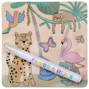 The Jungle Water Pen & Cards by Floss and Rock features a vibrant illustration with a jaguar, flamingo, sloth, parrot, butterfly, and lush tropical plants—making it the ideal travel toy to pair with reusable cards or color-changing water cards.