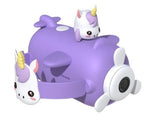 A purple toy in the shape of a plane with unicorn faces on the front and sides, featuring small unicorn figures on top, doubles as a playful Kidamento Iris the Unicorn Digital Camera Model V.