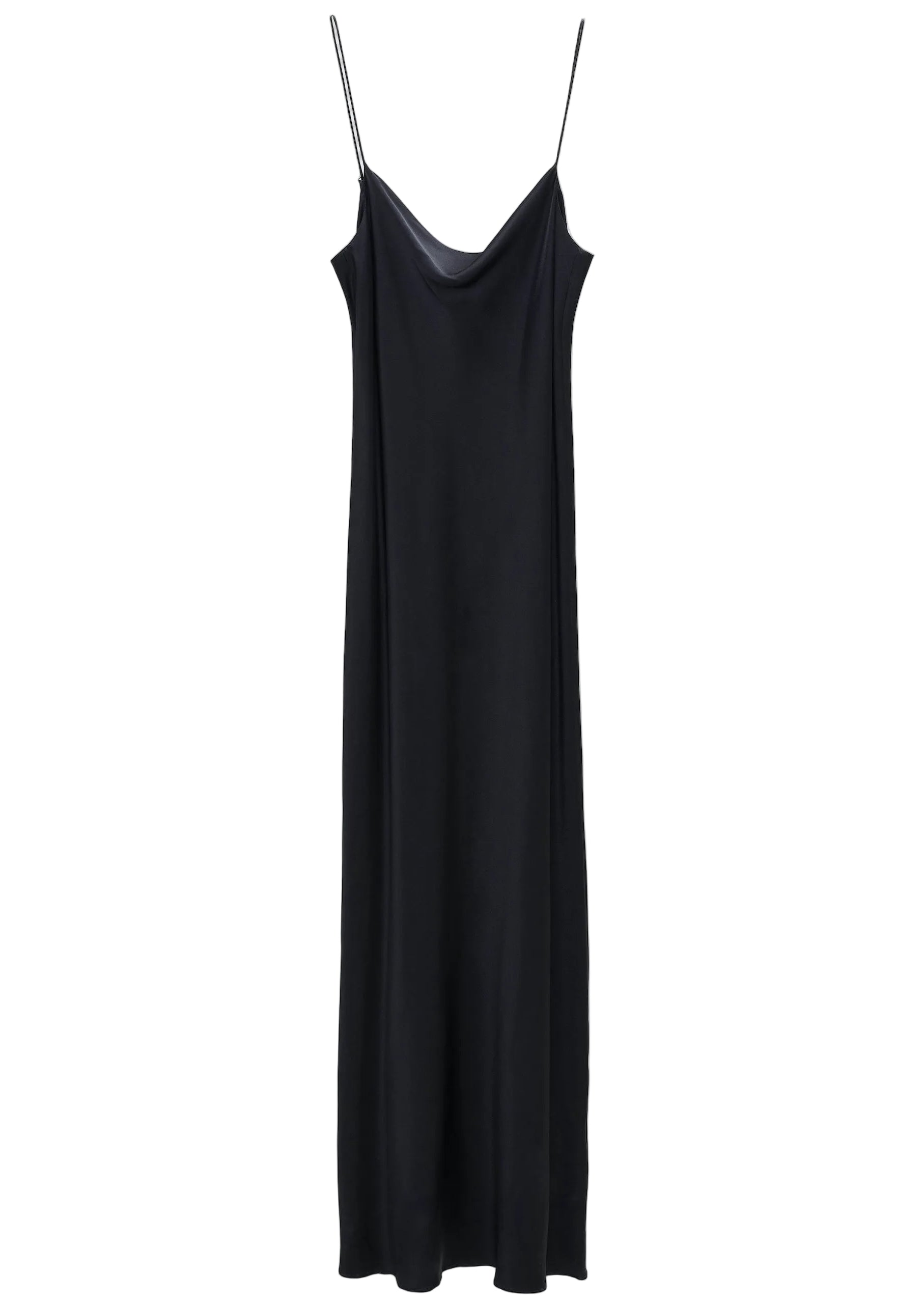 The Sense of Shine Dress by Dorothee Schumacher is a long black stretch silk-satin dress with thin spaghetti straps and a subtle waterfall neckline, shown against a plain white background.