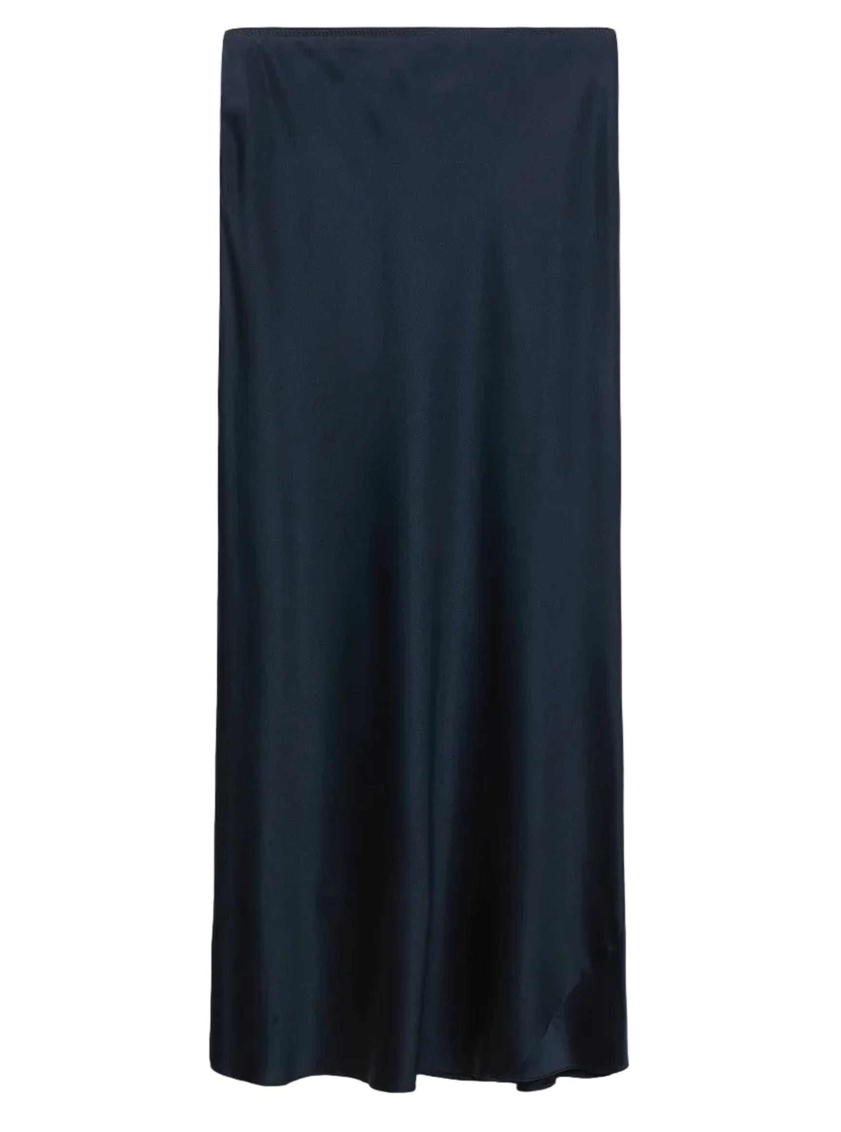 The Sense of Shine Skirt by Dorothee Schumacher is a black knee-length stretch silk-satin midi-skirt with a straight silhouette, slight sheen, and elastic waistband for comfort.