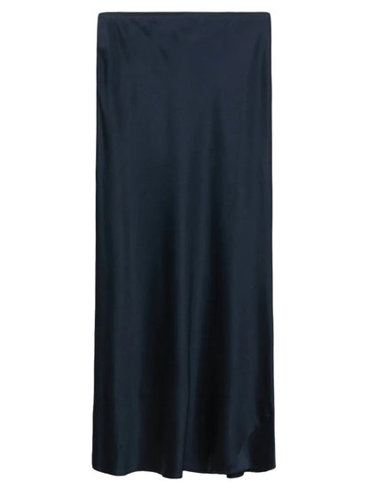 The Sense of Shine Skirt by Dorothee Schumacher is a black knee-length stretch silk-satin midi-skirt with a straight silhouette, slight sheen, and elastic waistband for comfort.