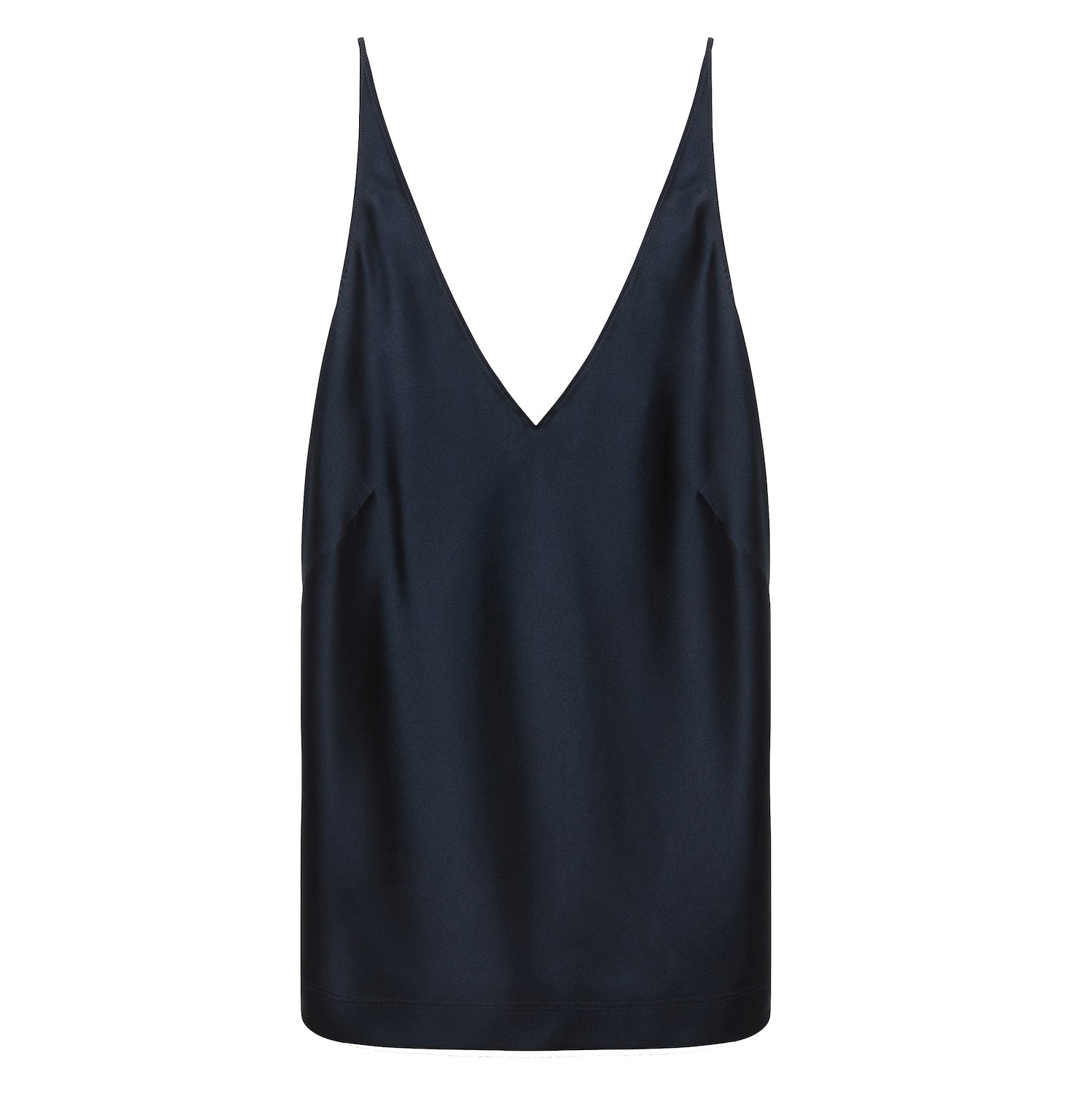 The Sense of Shine Tank by Dorothee Schumacher is a black stretch silk-satin camisole with adjustable spaghetti straps and a deep V-neckline, shown against a white background.