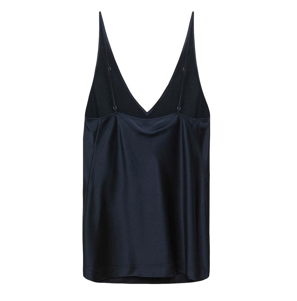 The Sense of Shine Tank by Dorothee Schumacher is a black stretch silk-satin camisole with adjustable spaghetti straps and a deep V-neckline, shown on a plain white background.