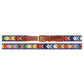 Introducing the Smathers & Branson Pompano Belt by Smathers & Branson, a colorful needlepoint belt adorned with a vibrant fish pattern in various hues and finished with a vegetable tanned Italian leather buckle.