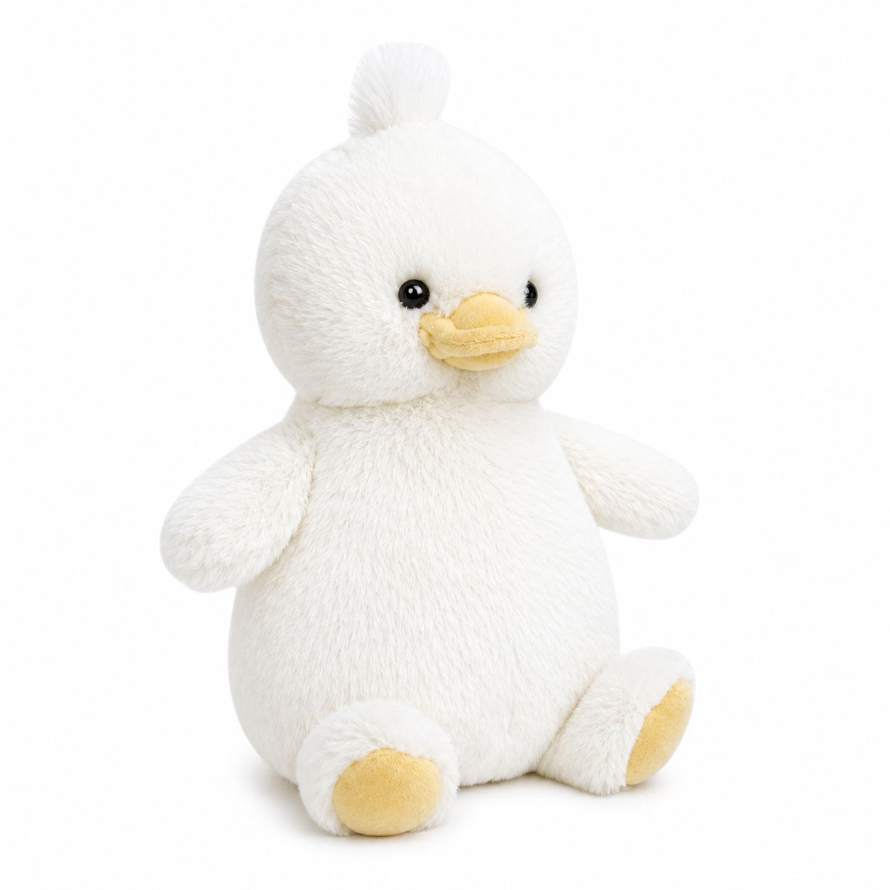 Quackers Petit Duck by Mon Ami is an adorable plush toy featuring a white body, yellow beak and feet, shown sitting upright against a plain white background.