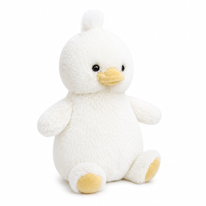 Quackers Petit Duck by Mon Ami is an adorable plush toy featuring a white body, yellow beak and feet, shown sitting upright against a plain white background.