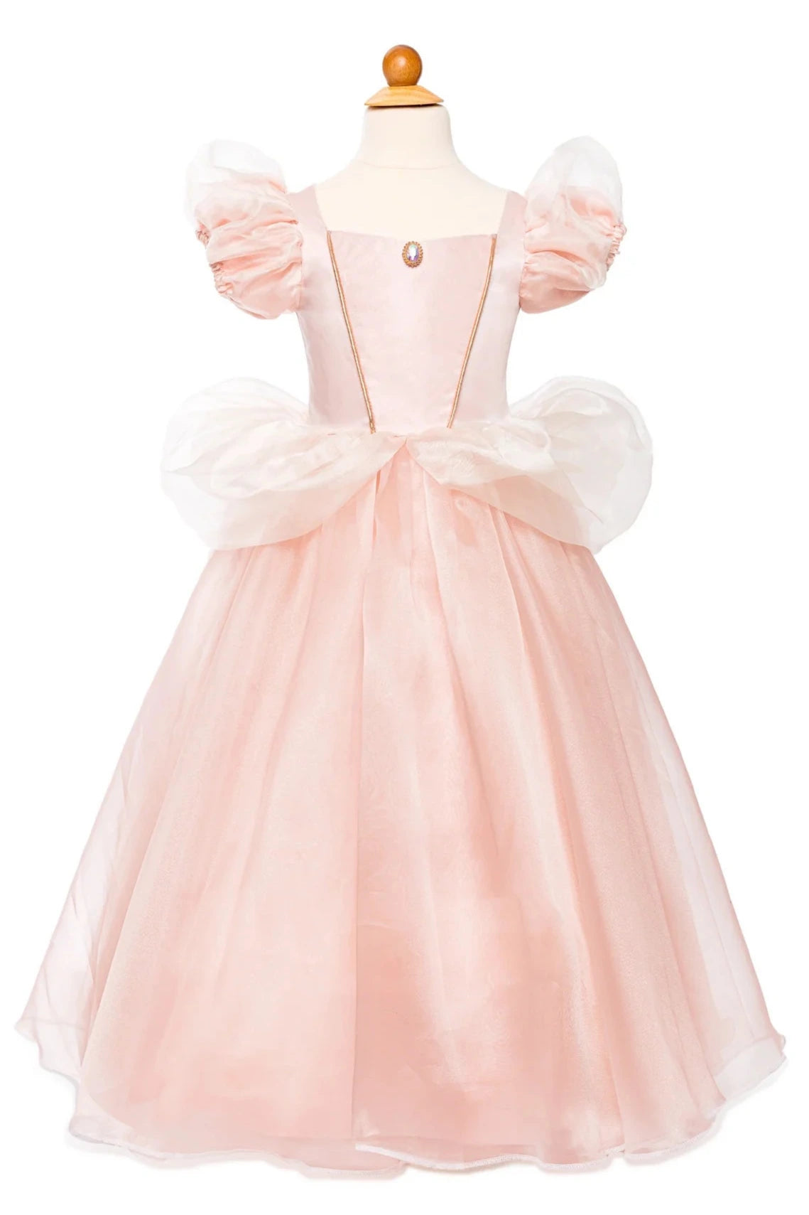 The Great Pretenders Antique Princess Gown features a light pink fairy tale design with puffed short sleeves, a sheer waist bow, and full skirt—ideal for any little princess. Displayed on a dress form.