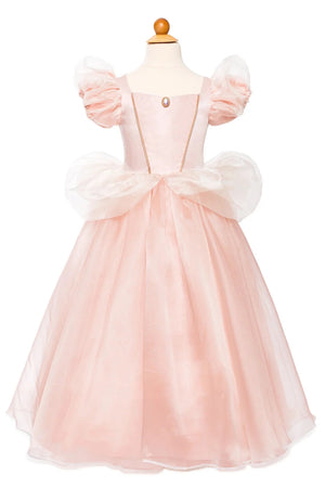 The Great Pretenders Antique Princess Gown features a light pink fairy tale design with puffed short sleeves, a sheer waist bow, and full skirt—ideal for any little princess. Displayed on a dress form.