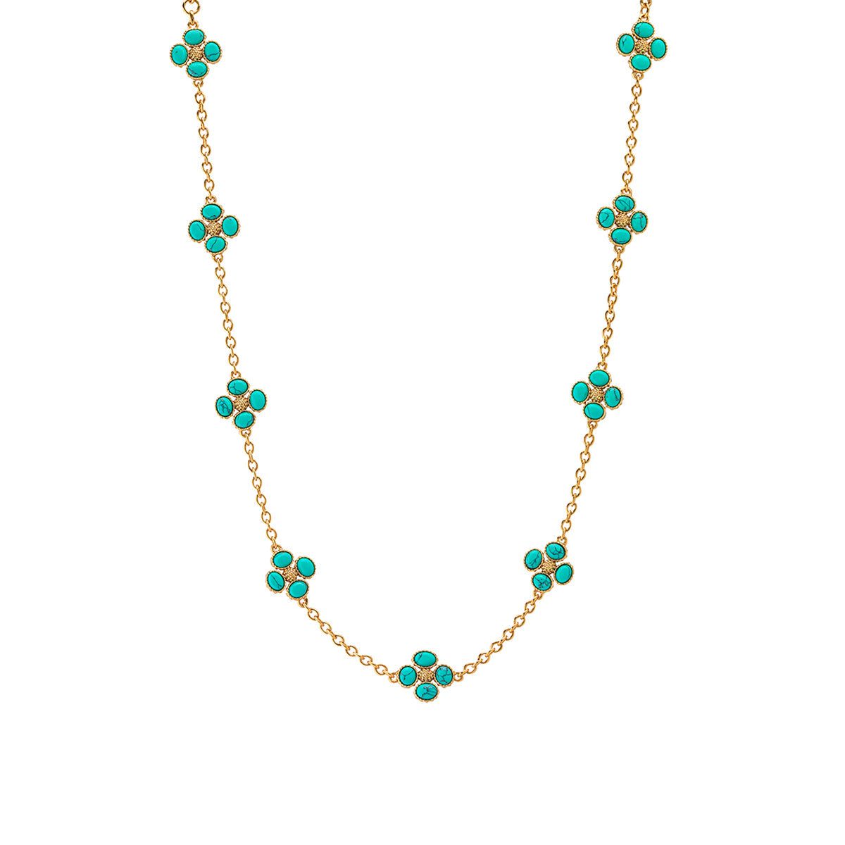 The Berry Clover Double Sided Necklace by Juliska Capucine De Wulf features a double-sided chain adorned with clusters of small turquoise stones in delicate four-petal flower shapes.