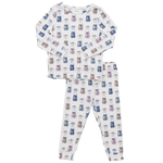 The Pink Chicken Kids' Bamboo PJ Set features a white long sleeve top and pants with colorful eyeglass prints in blue, pink, and brown. Crafted from soft bamboo for ultimate comfort.