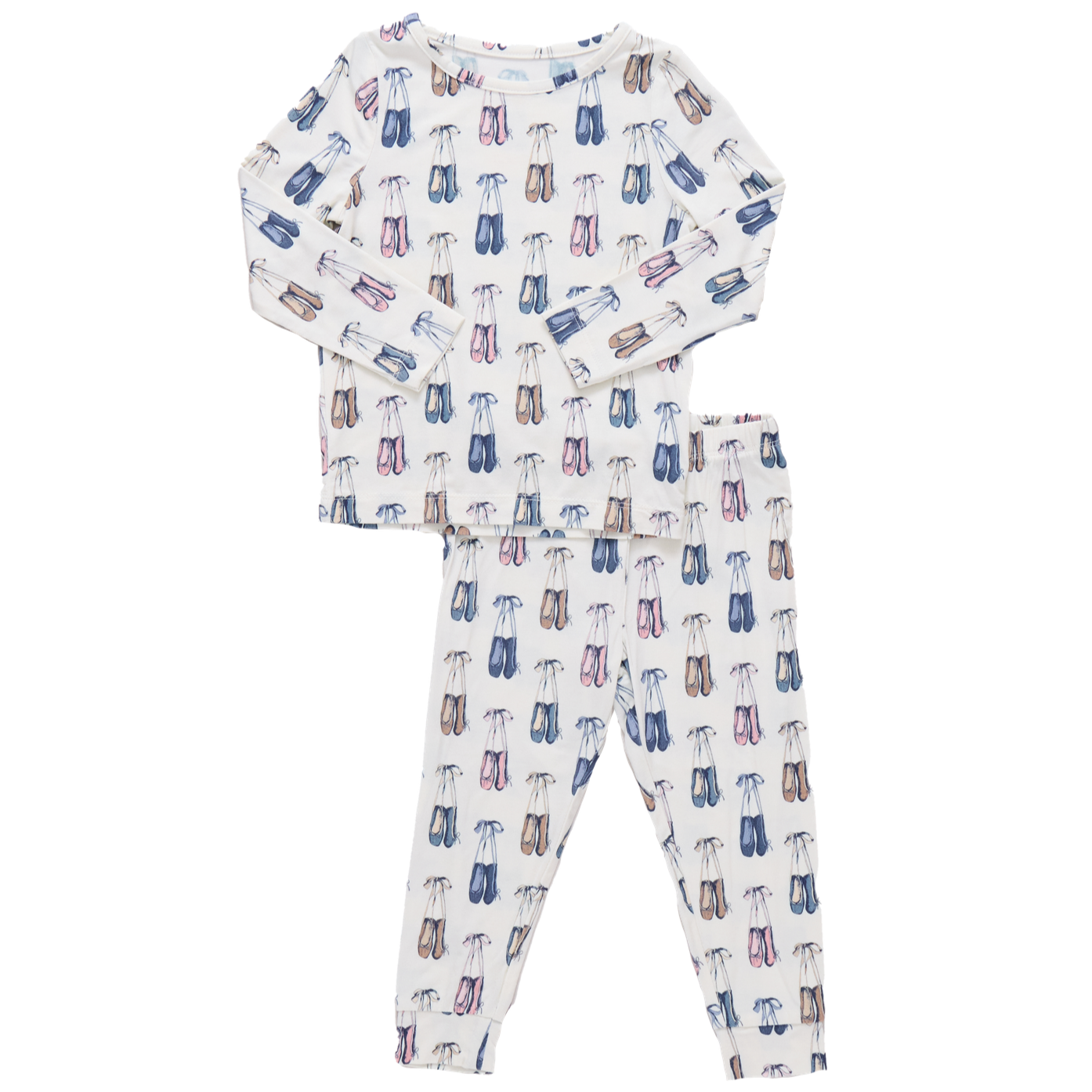 The Pink Chicken Kids' Bamboo PJ Set features a white long sleeve top and pants with colorful eyeglass prints in blue, pink, and brown. Crafted from soft bamboo for ultimate comfort.