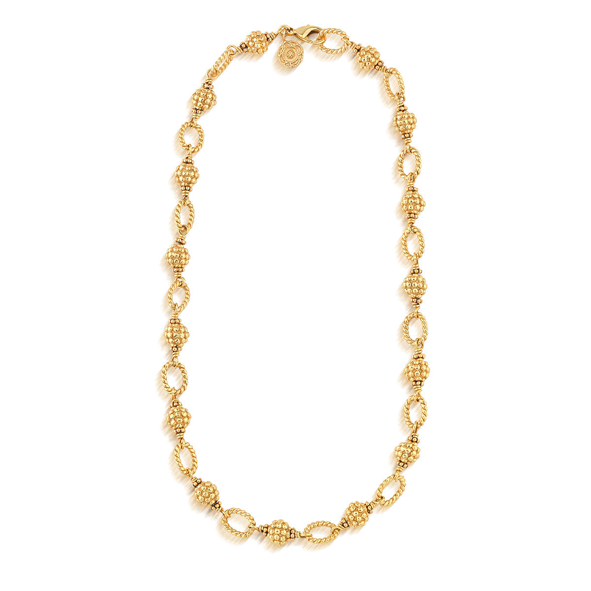 The Juliska Capucine De Wulf Berry & Bead Chain features textured, interlocking oval links and a clasp closure, ideal for layering. Inspired by golden berries, it’s shown on a white background.