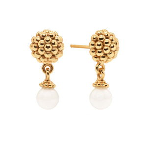The Berry Drop Stud Earrings by Juliska Capucine De Wulf feature textured, clustered gold spheres and dangling white pearl-like beads, adding shimmer against a white background.