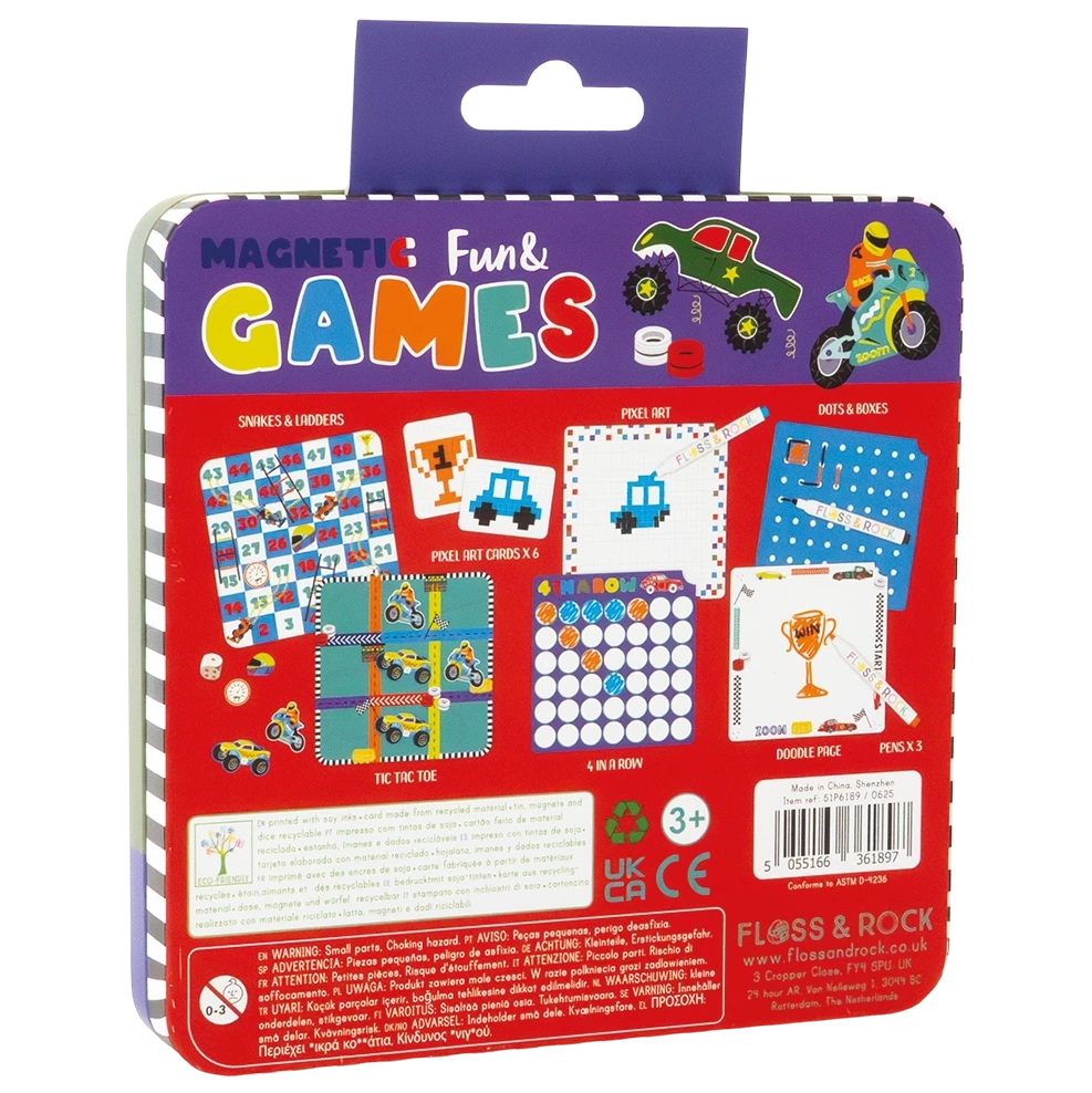 The Floss and Rock Magnetic Fun & Games Tin - Cars is a rectangular tin with a purple lid, labeled “Magnetic Fun & Games.” The back of this magnetic games tin displays images and descriptions of the included travel games for kids, as well as reusable activity set pieces—perfect for children ages 3 and up.