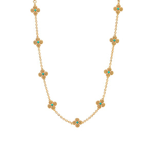 The Juliska Capucine De Wulf Berry Clover Double Sided Necklace features multiple clover charms with turquoise accents, beautifully spaced along a delicate station chain.