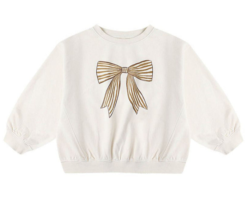 The Rylee & Cru Baby Girls' and Girls' Oversized Sweatshirt is a cozy white French terry crewneck pullover featuring a large gold-striped bow design on the front.