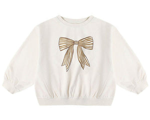 The Rylee & Cru Baby Girls' and Girls' Oversized Sweatshirt is a cozy white French terry crewneck pullover featuring a large gold-striped bow design on the front.