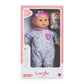 The Corolle Bébé Calin Capucine is a 12-inch baby doll dressed in a floral outfit and pink hat, crafted from soft vinyl, and presented in a pink and white branded box featuring a photo of a child holding the doll.