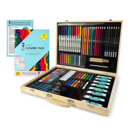 The Bright Stripes Deluxe Wood Everything Art Case opens to reveal colored pencils, markers, paints, brushes, and pastels—everything you need to create art—with a combo pad and techniques guide included.