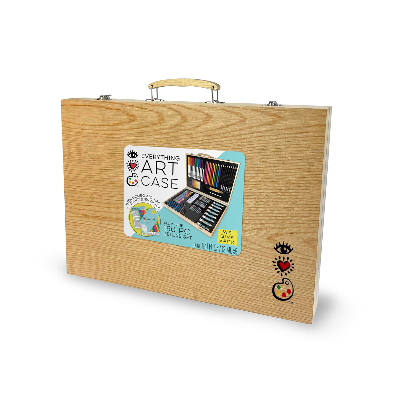 The Bright Stripes Deluxe Wood Everything Art Case features a handle and label, and includes a 150-piece deluxe art kit with quality supplies—everything you need to create your own masterpieces.
