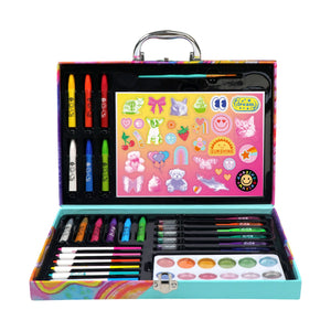 Unleash endless creativity with the Bright Stripes Make It Sparkle All-In-One-Art Case—packed with markers, crayons, paints, brushes, colored pencils, glitter gel pens, metallic watercolors, and a sticker sheet in a vibrant carrying case. Your complete art kit for imaginative fun!.